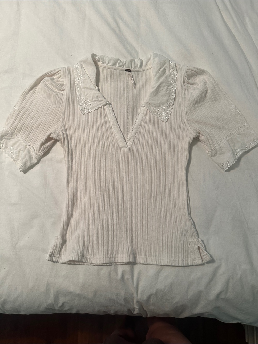 Free People Cream Ribbed V-Neck Top with Eyelet Collar